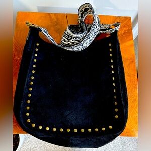 Black Studded Suede Crossbody Bag with Patterned Strap